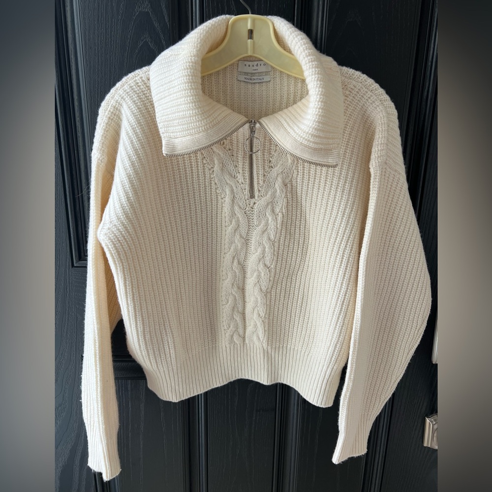 Sandro Cream Cable Knit Zip Sweater